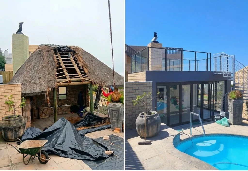 New residential home under construction with brick walls and roof trusses